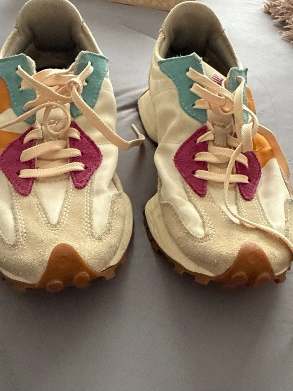 New Balance women’s Cream Sneakers with Teal, Magenta & Mustard Accents